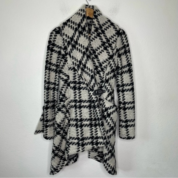 L.A.M.B. Gwen Stefani White Plaid Wool Blend Shawl Collar Asymmetrical Wrap Coat - Picture 4 of 9